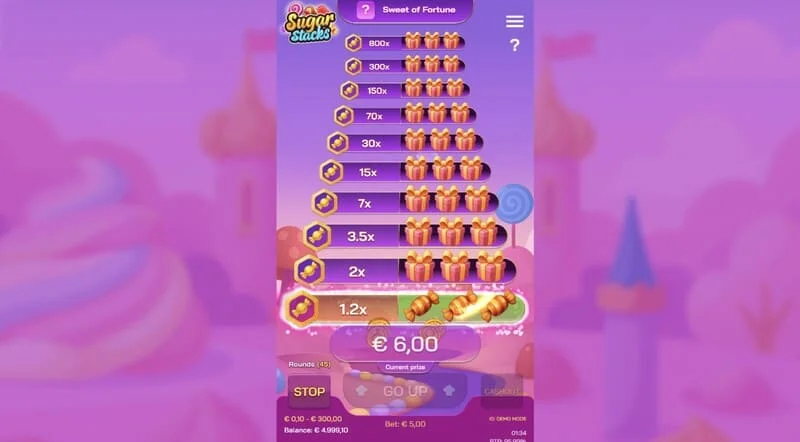 Sugar Stacks - vindertrin med fremhævelse af den nuværende etage og multiplikator-tæller